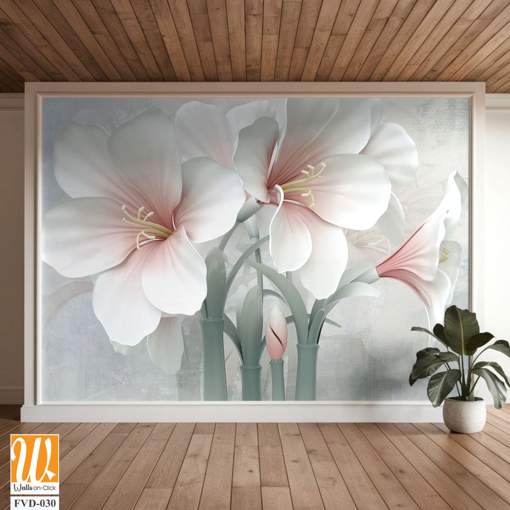 3D wallpaper with white and pink flowers [WP-FVD-030]