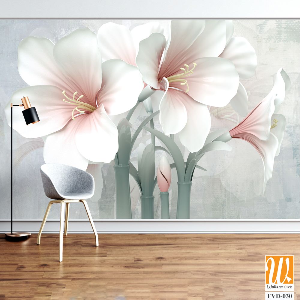 3D wallpaper with white and pink flowers [WP-FVD-030]