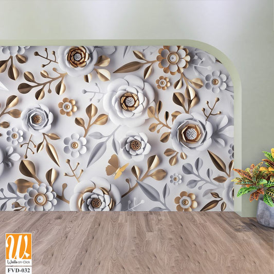 3D paper-cut style white and gold floral wall mural [WP-FVD-032]