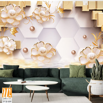 3D wallpaper featuring hexagons, golden pearls, flowers, and cubes [WP-FVD-059]