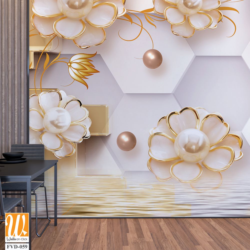 3D wallpaper featuring hexagons, golden pearls, flowers, and cubes [WP-FVD-059]