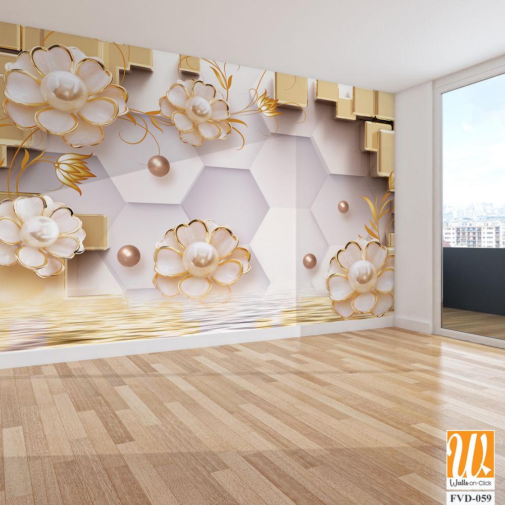 3D wallpaper featuring hexagons, golden pearls, flowers, and cubes [WP-FVD-059]