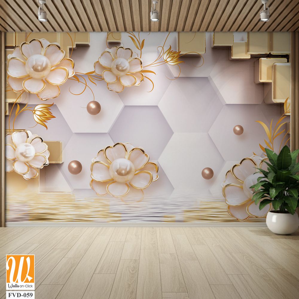 3D wallpaper featuring hexagons, golden pearls, flowers, and cubes [WP-FVD-059]