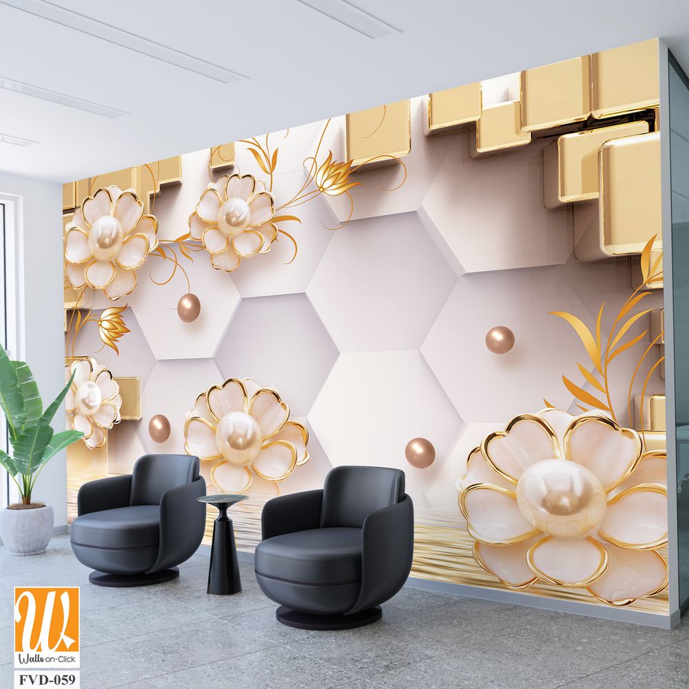 3D wallpaper featuring hexagons, golden pearls, flowers, and cubes [WP-FVD-059]