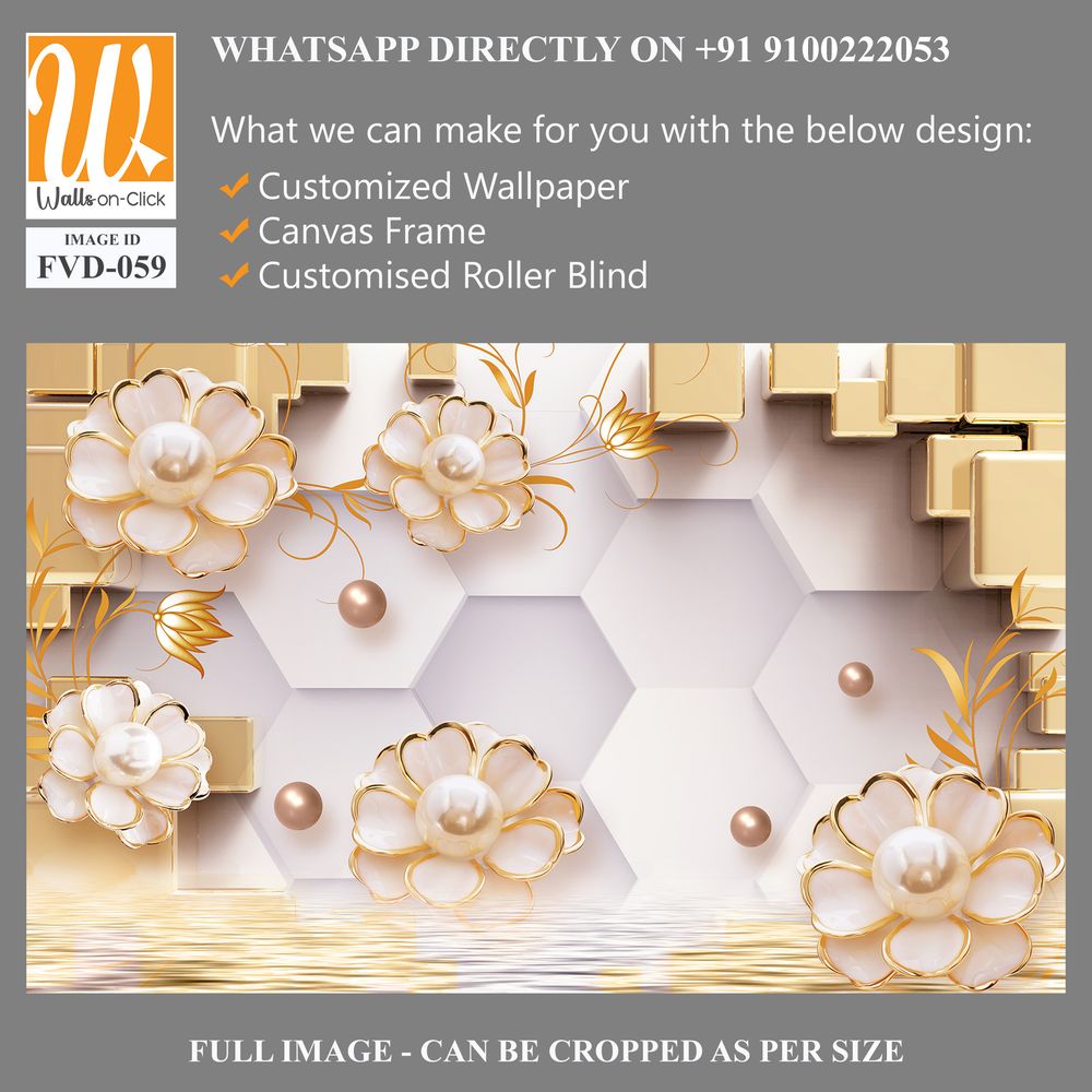 3D wallpaper featuring hexagons, golden pearls, flowers, and cubes [WP-FVD-059]