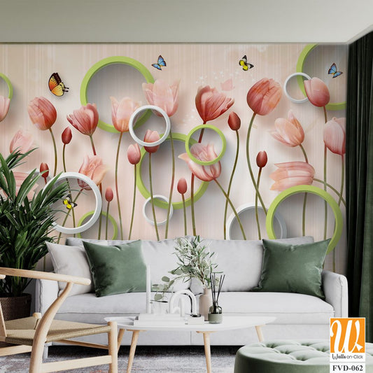 3D modern wallpaper, pink tulips and green circles [WP-FVD-062]