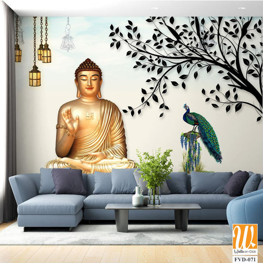 3D wallpaper, golden Buddha sitting under a tree [WP-FVD-071]