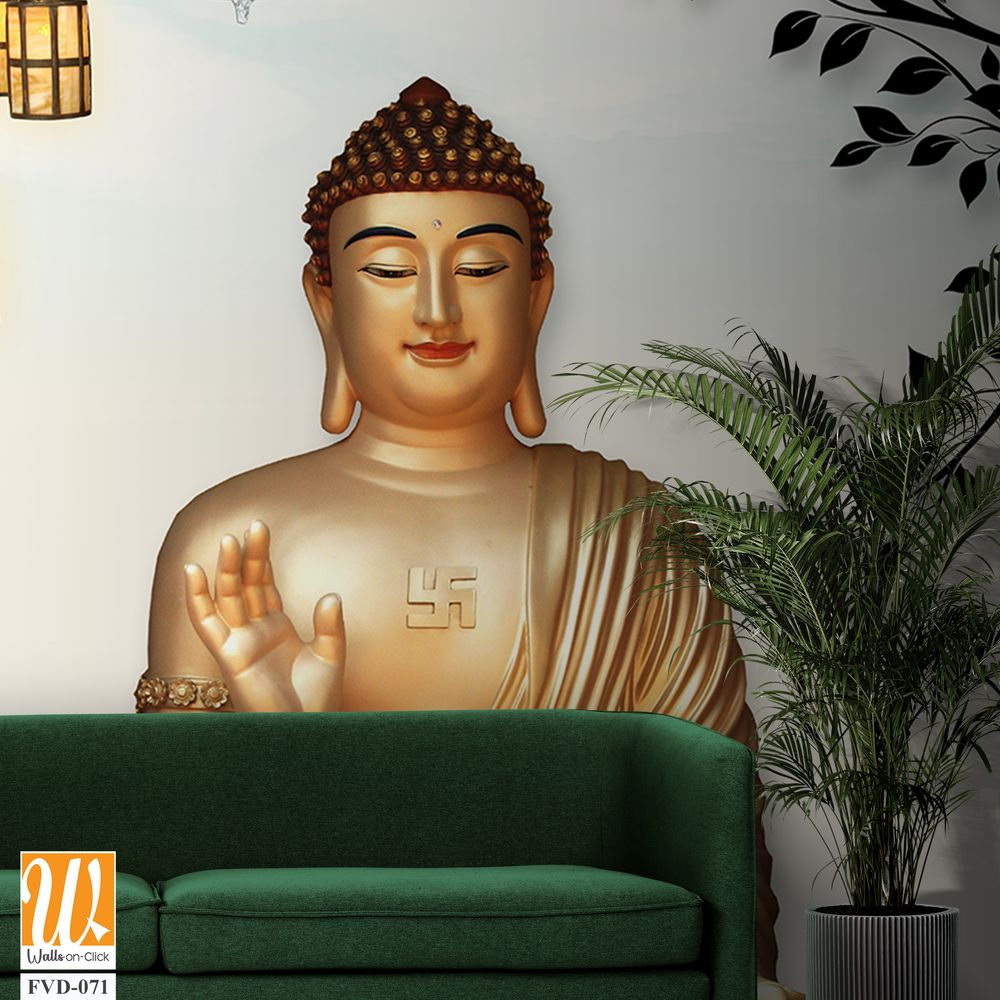 3D wallpaper, golden Buddha sitting under a tree [WP-FVD-071]