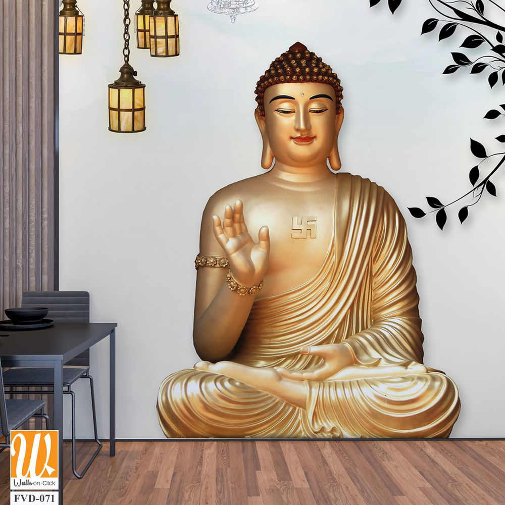 3D wallpaper, golden Buddha sitting under a tree [WP-FVD-071]