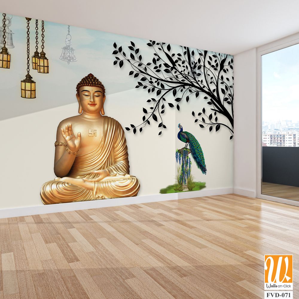 3D wallpaper, golden Buddha sitting under a tree [WP-FVD-071]