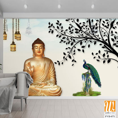 3D wallpaper, golden Buddha sitting under a tree [WP-FVD-071]