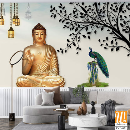 3D wallpaper, golden Buddha sitting under a tree [WP-FVD-071]