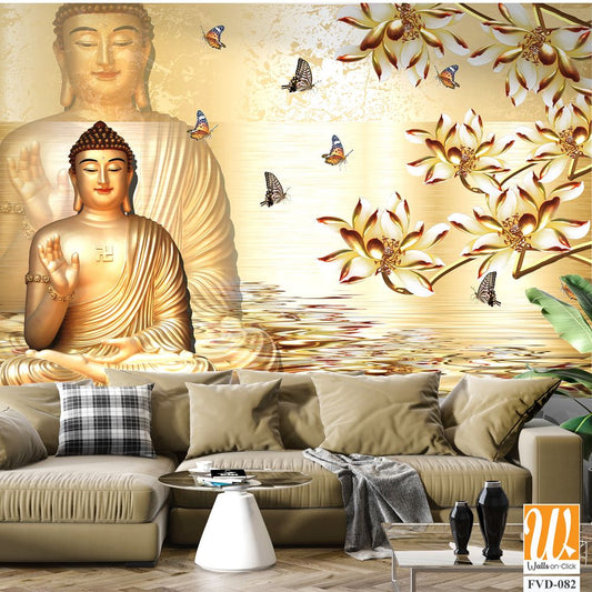 3D wallpaper featuring golden Buddha statue [WP-FVD-082]