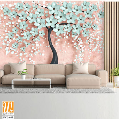 3D tree of life with turquoise flowers on a pink background Wallpaper [WP-FVD-085]