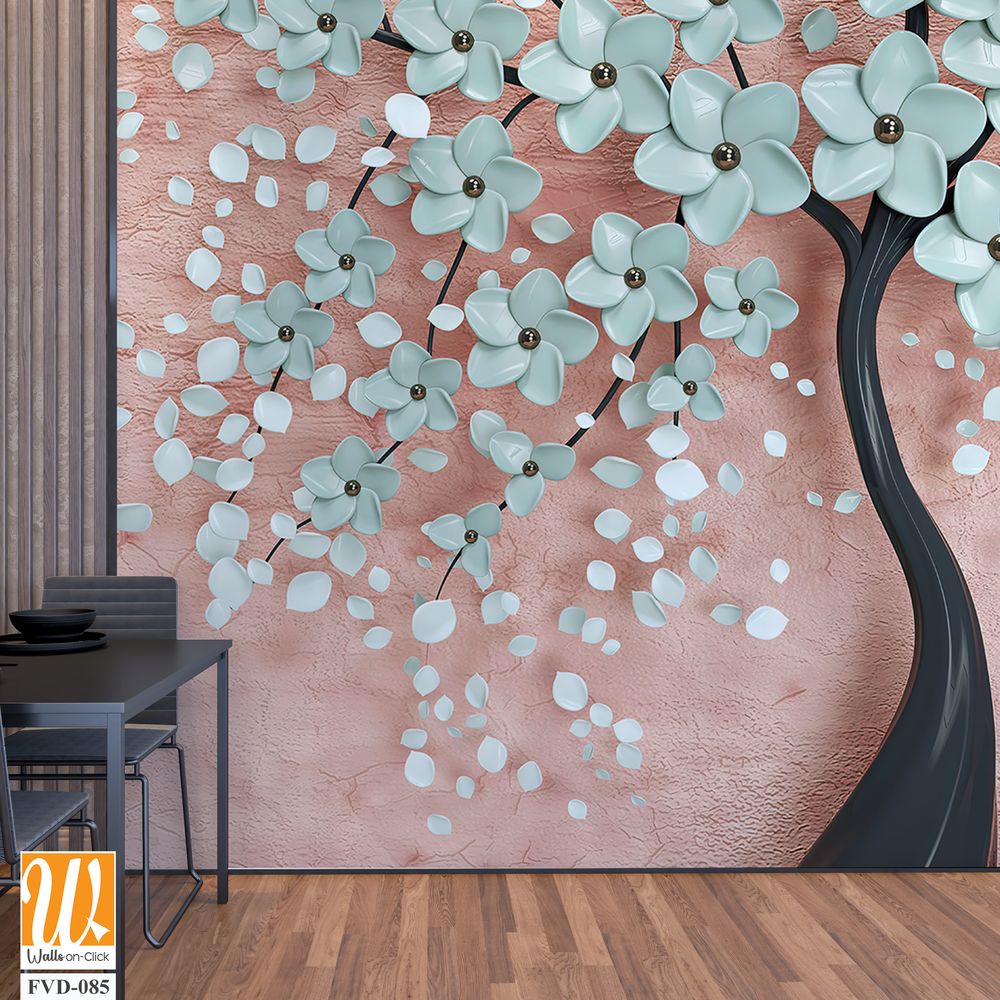 3D tree of life with turquoise flowers on a pink background Wallpaper [WP-FVD-085]