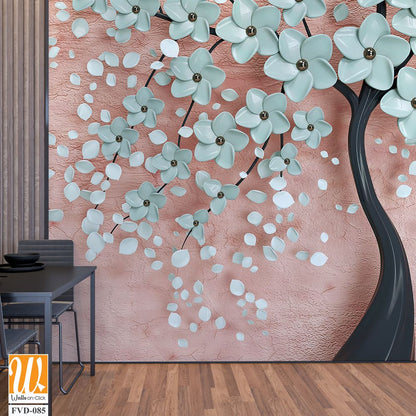 3D tree of life with turquoise flowers on a pink background Wallpaper [WP-FVD-085]