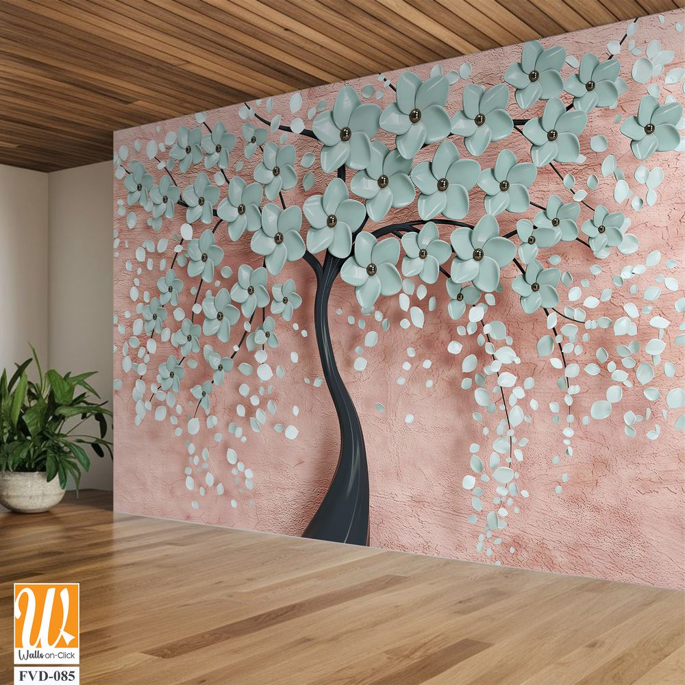 3D tree of life with turquoise flowers on a pink background Wallpaper [WP-FVD-085]