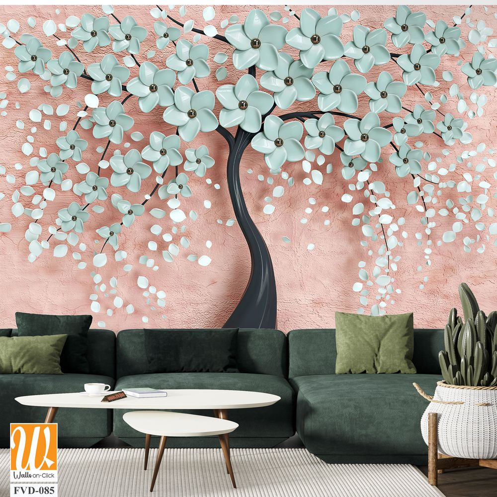 3D tree of life with turquoise flowers on a pink background Wallpaper [WP-FVD-085]