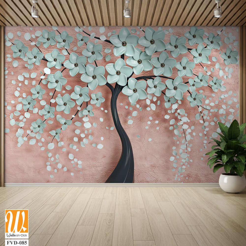 3D tree of life with turquoise flowers on a pink background Wallpaper [WP-FVD-085]