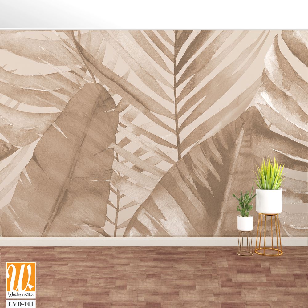 Watercolor, sepia-toned palm leaves, large-scale mural [WP-FVD-101]