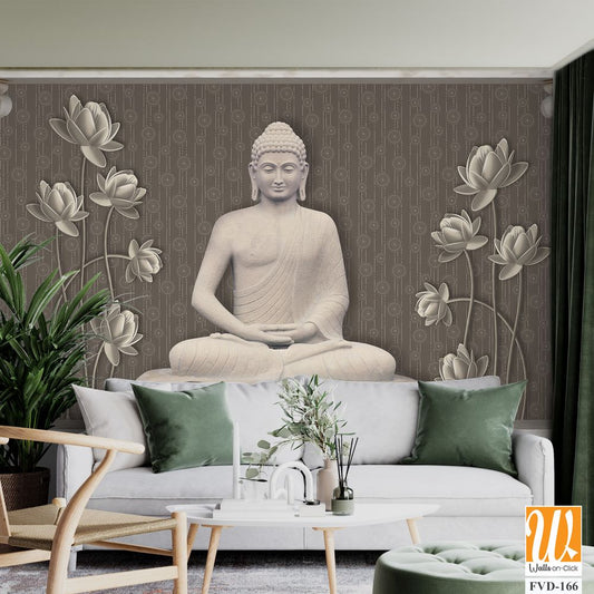 3D wallpaper featuring a grey and white stone Buddha [WP-FVD-166]