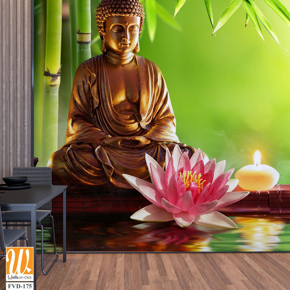 Buddha statue, bamboo, and lotus flowers on the water [WP-FVD-175]