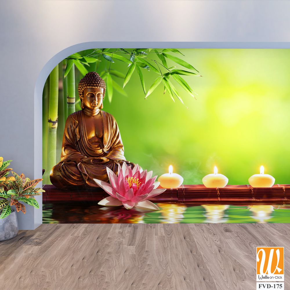 Buddha statue, bamboo, and lotus flowers on the water [WP-FVD-175]