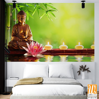 Buddha statue, bamboo, and lotus flowers on the water [WP-FVD-175]