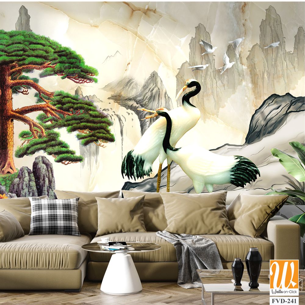 Mural depicting cranes on a mountain, with pine trees [WP-FVD-241]