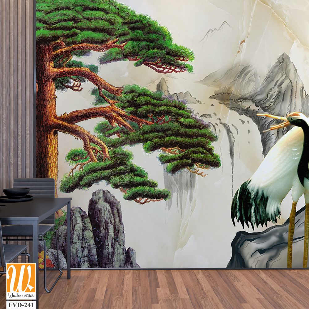 Mural depicting cranes on a mountain, with pine trees [WP-FVD-241]