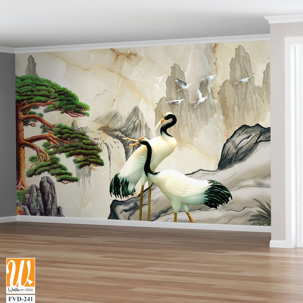 Mural depicting cranes on a mountain, with pine trees [WP-FVD-241]