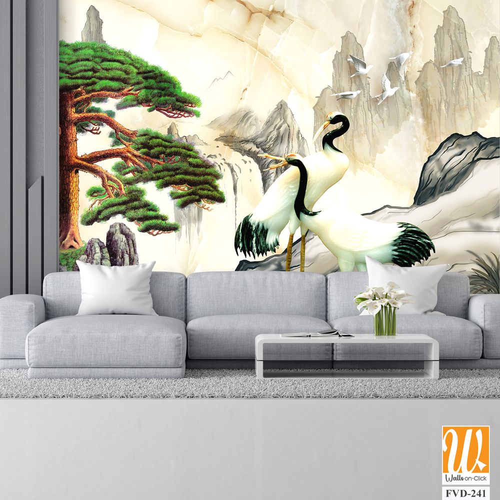 Mural depicting cranes on a mountain, with pine trees [WP-FVD-241]