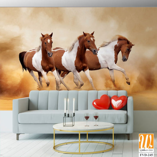 Three brown and white horses running in the desert [WP-FVD-245]