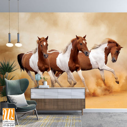 Three brown and white horses running in the desert [WP-FVD-245]