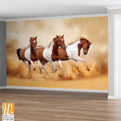 Three brown and white horses running in the desert [WP-FVD-245]