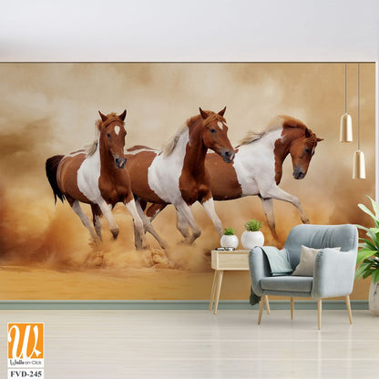 Three brown and white horses running in the desert [WP-FVD-245]