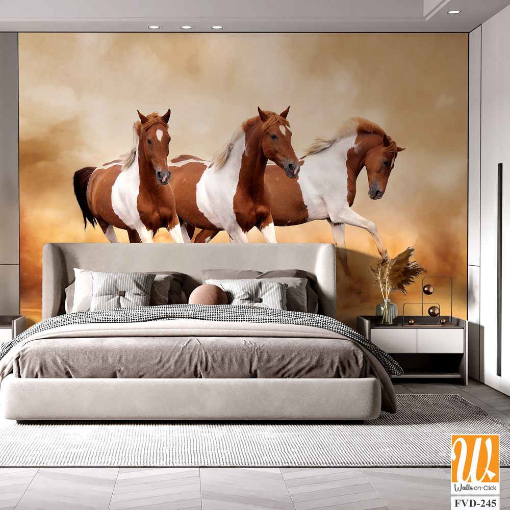 Three brown and white horses running in the desert [WP-FVD-245]