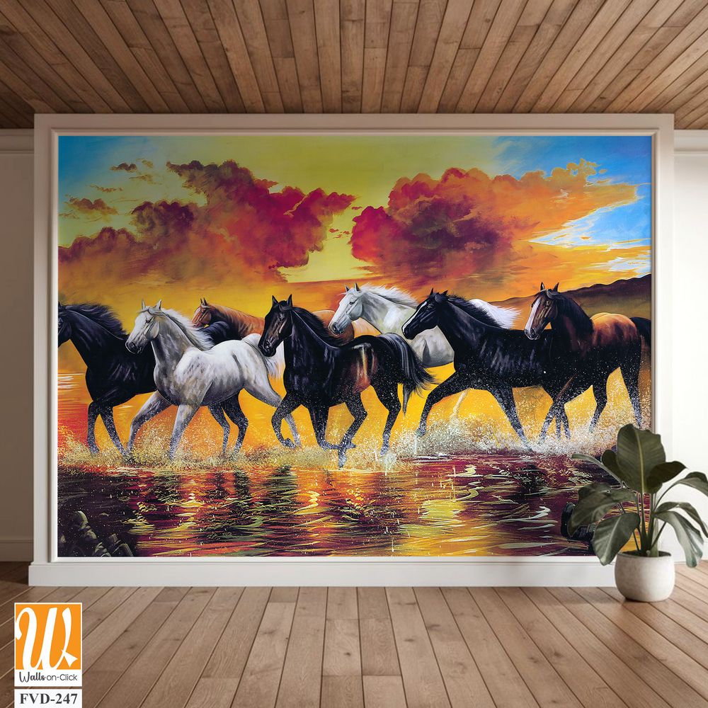 Oil painting of seven horses running on the river bank [WP-FVD-247]