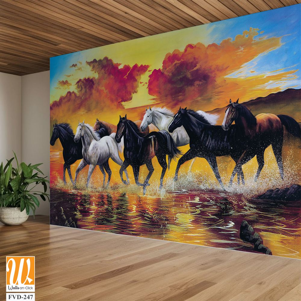 Oil painting of seven horses running on the river bank [WP-FVD-247]