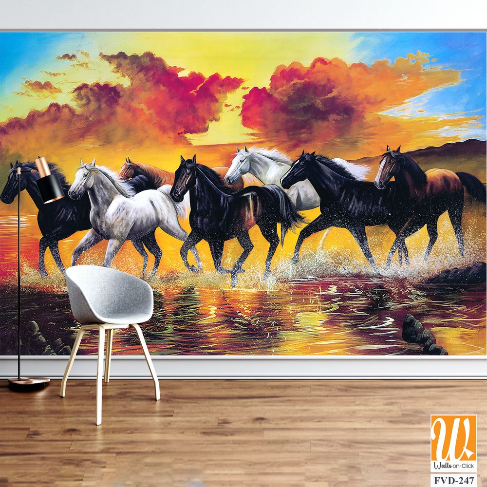 Oil painting of seven horses running on the river bank [WP-FVD-247]