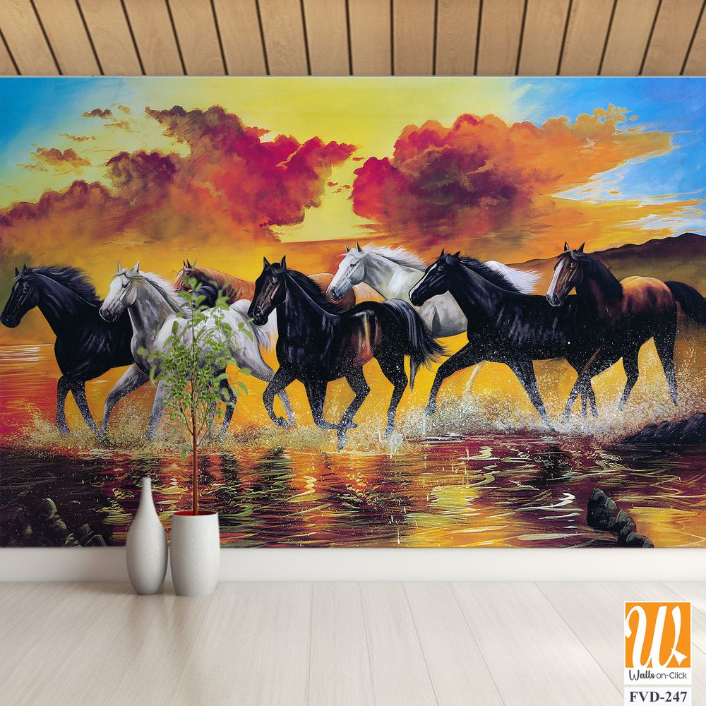 Oil painting of seven horses running on the river bank [WP-FVD-247]