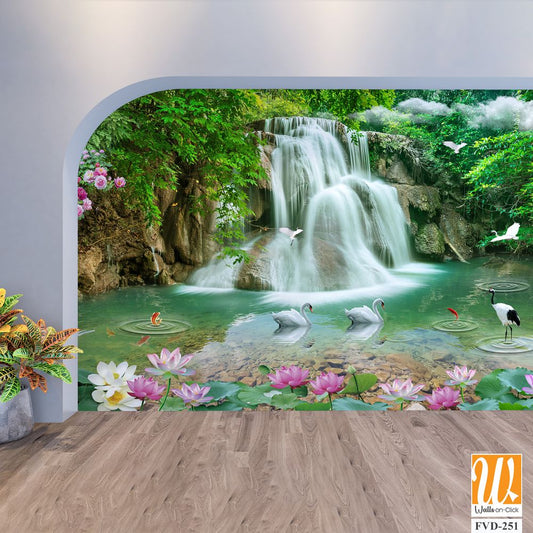 3D wallpaper featuring waterfalls and lotuses in a pond [WP-FVD-251]