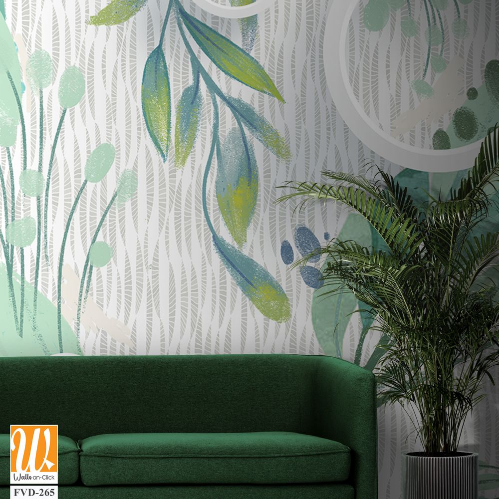 Watercolor, greenery foliage pattern with white circles [WP-FVD-265]