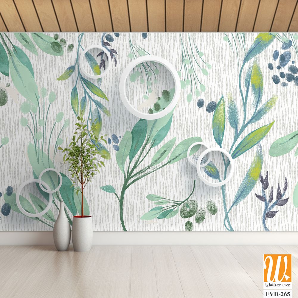 Watercolor, greenery foliage pattern with white circles [WP-FVD-265]