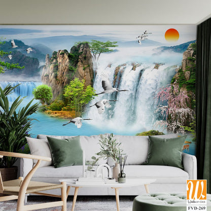 3D wallpaper, fantasy landscape with a waterfall [WP-FVD-269]