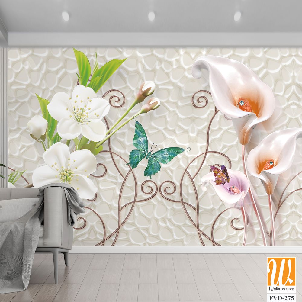 3D floral white calla lilies, butterfly on vine [WP-FVD-275]