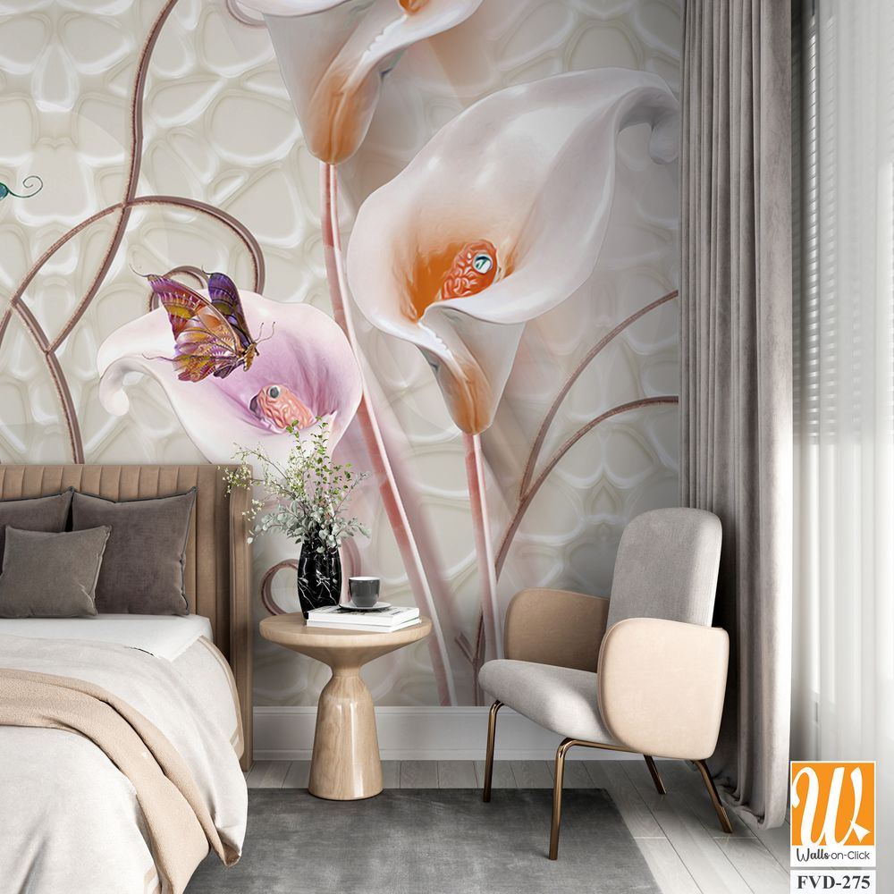 3D floral white calla lilies, butterfly on vine [WP-FVD-275]