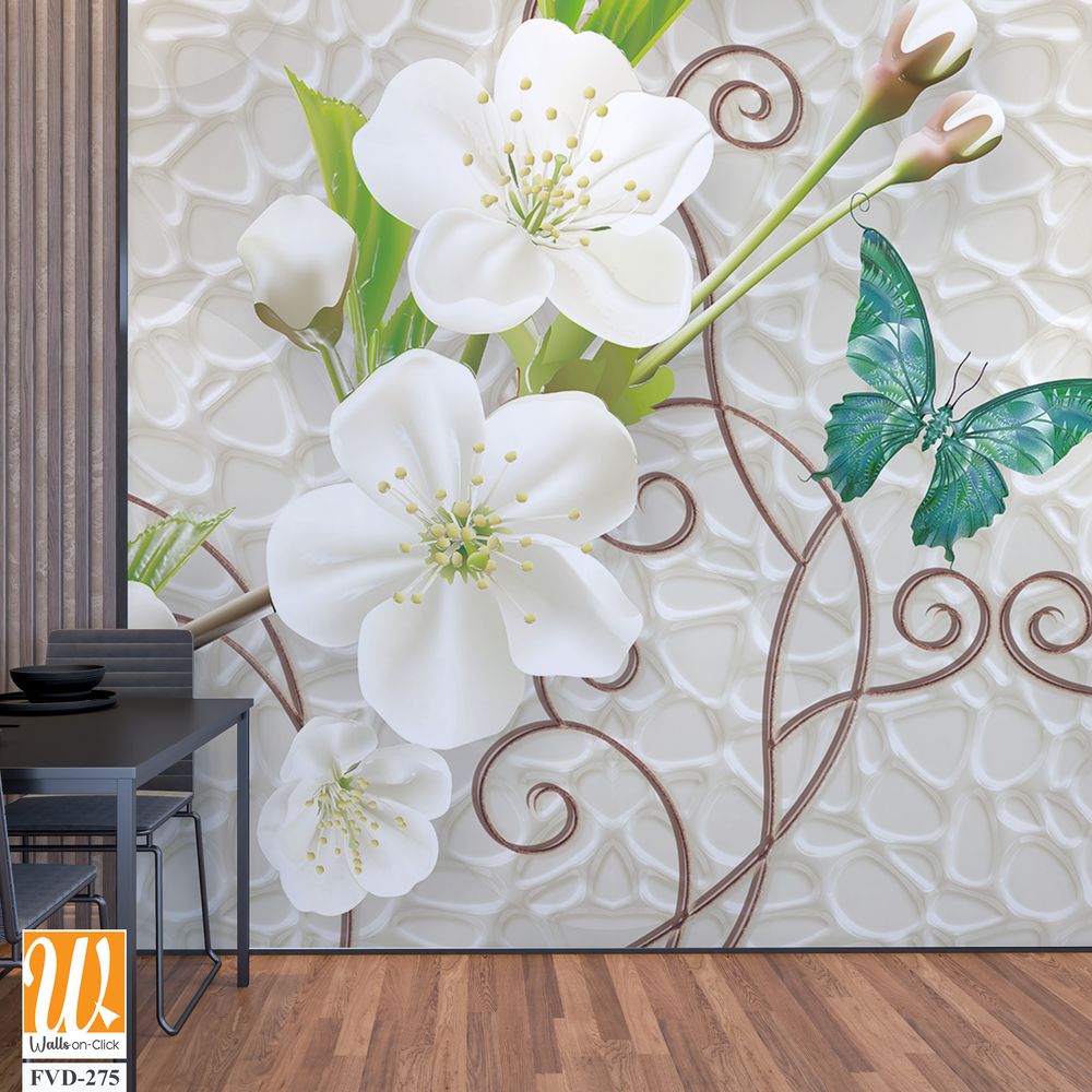 3D floral white calla lilies, butterfly on vine [WP-FVD-275]