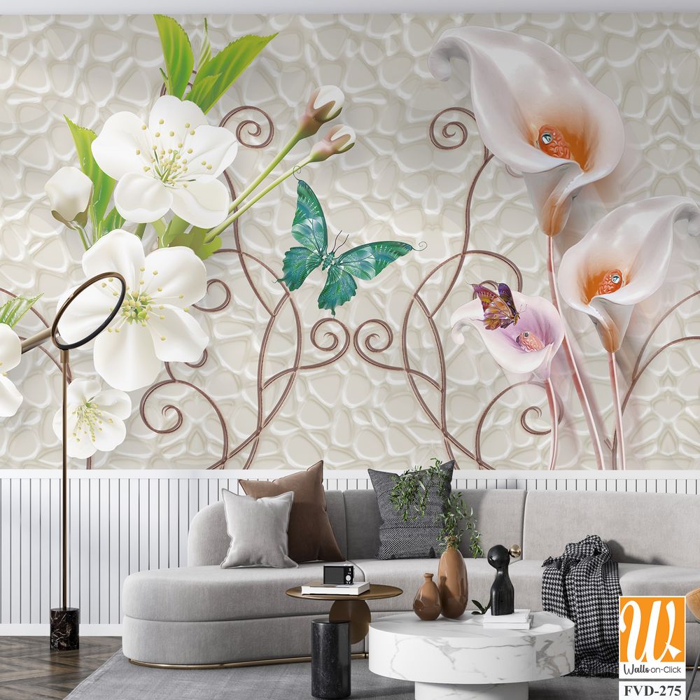 3D floral white calla lilies, butterfly on vine [WP-FVD-275]