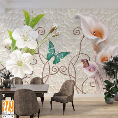 3D floral white calla lilies, butterfly on vine [WP-FVD-275]